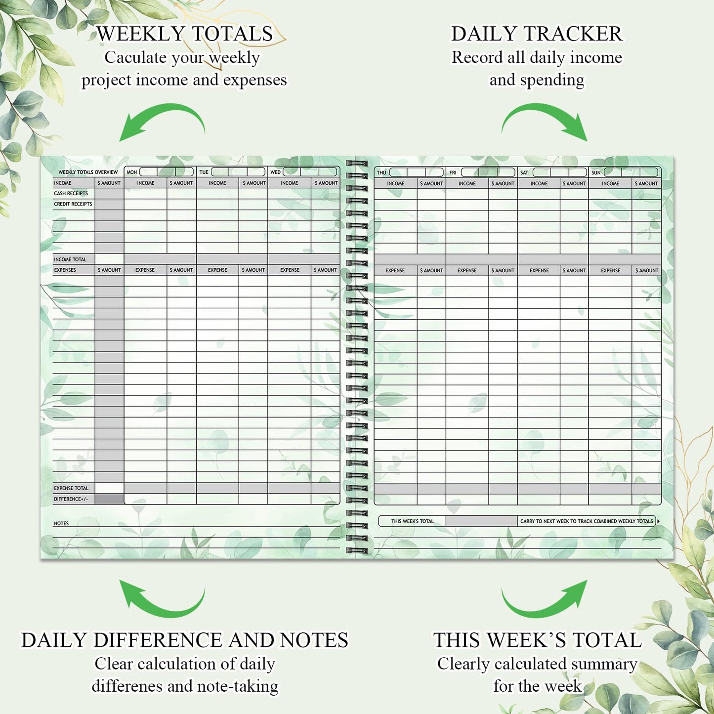 Harloon Income and Expense Log Book Eucalyptus Income and Expense Tracker Small Business Accounting Bookkeeping Ledger Book for Personal Finance Business Account Record Office Supply, 8.7 x 11 Inch