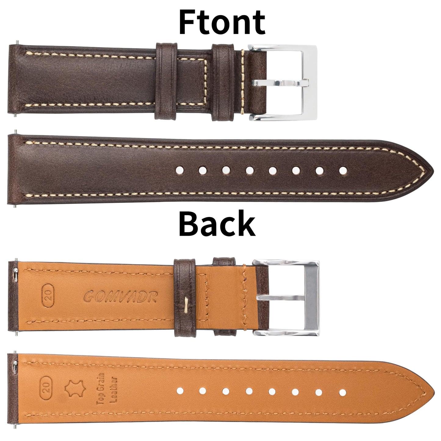 Gomvadr Vintage Genuine Top Grain Leather Watch Strap Quick Release, 18/19/20/21/22/24mm, Silver/Black Buckle, Universal Fit Unisex for Daily Wear (Coffee Brown with Silver Buckle, 18mm)