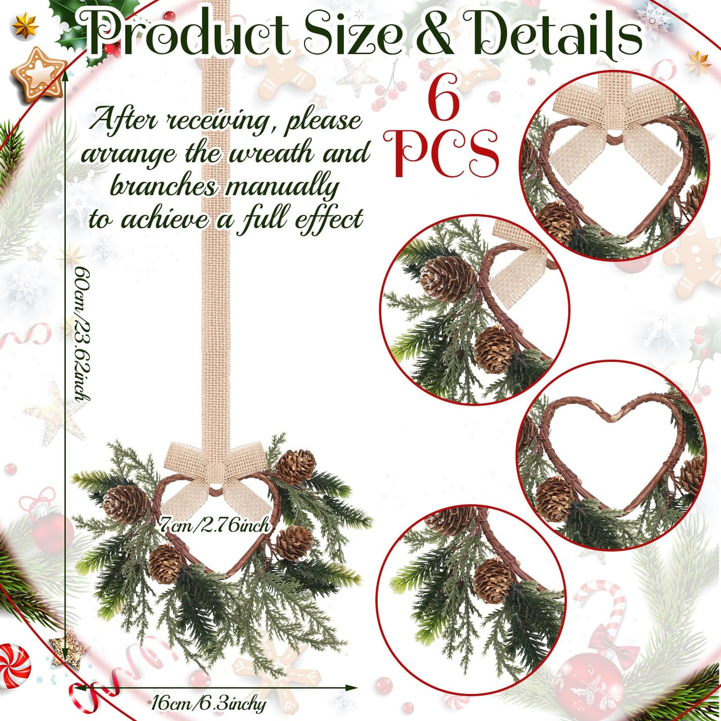Dingion 6 Pcs 6" Christmas Mini Cabinet Cedar Wreaths for Kitchen with Ribbon Bows Artificial Cedar and Pine Cone Small Window Wreath for Window Door Farmhouse Christmas Party Decorations