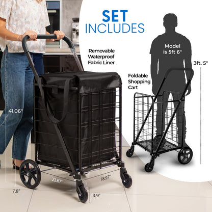 SereneLife Large Folding Utility Shopping Cart with Removable Liner – Heavy Duty, 360° Swivel Wheels, 110 lb Capacity, Portable for Groceries, Laundry, Luggage, and More (Black)