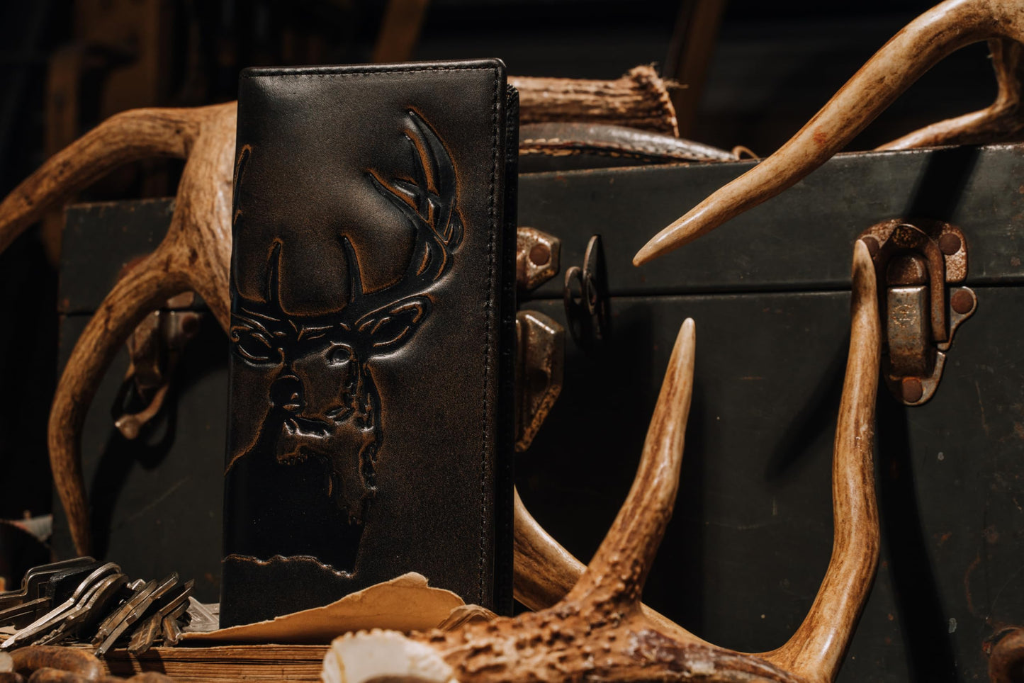 House of Jack Co. Deer Long Bifold Wallet for Men and Outdoorsmen, Rodeo Wallet, Full Grain Cowhide Leather Wallet, Black