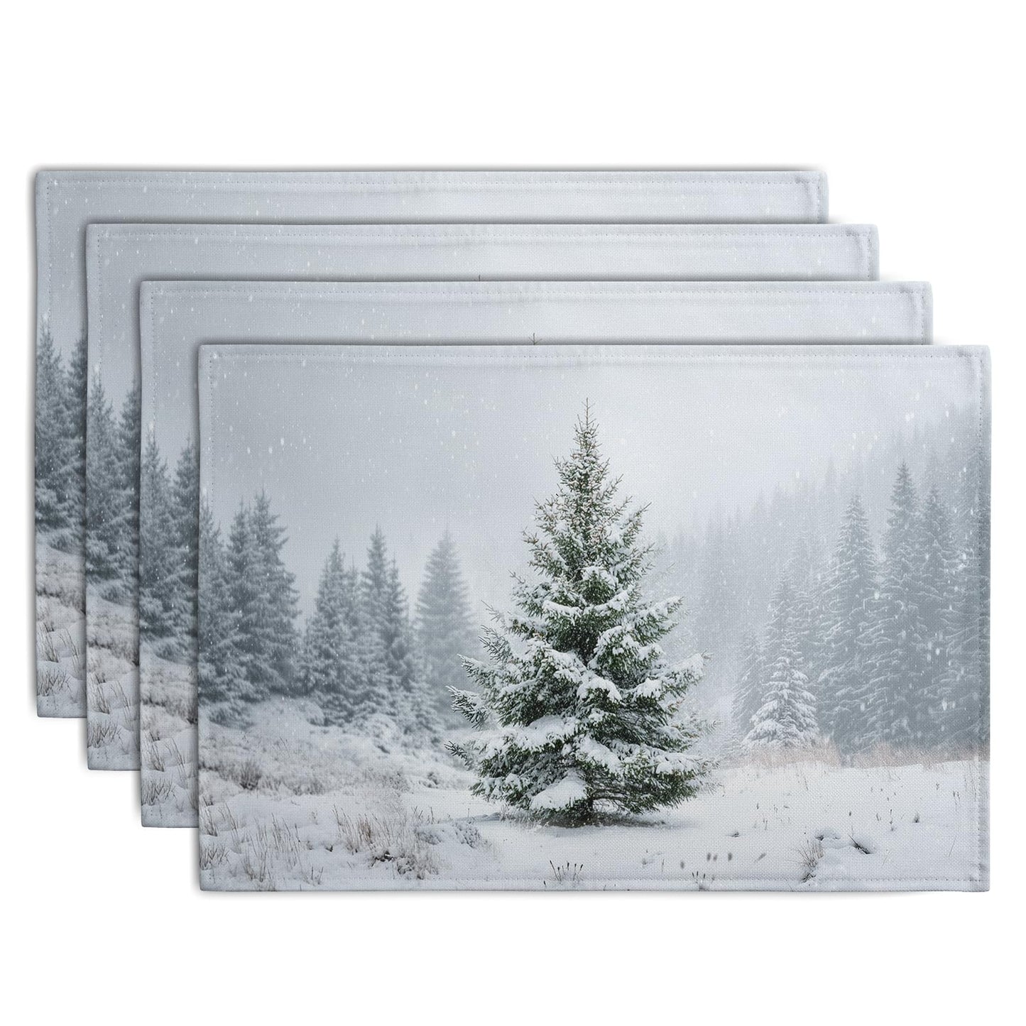 Wnoesat Winter Placemats Set of 4, 12x18 Inch Christmas Pine Tree Snowflake Linen Table Mats Seasonal Washable Farmhouse Place Mats for Kitchen Dining Xmas Holiday Party Decor