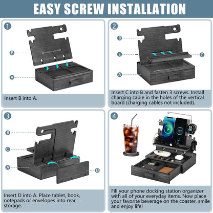Black Wood Phone Docking Station for up to 3 Phones - Nightstand Organizer for Men & Women, Compatible with Apple Watch, Holds Phones, Tablets, Keys, Rings, Glasses, Watches, EDC & More