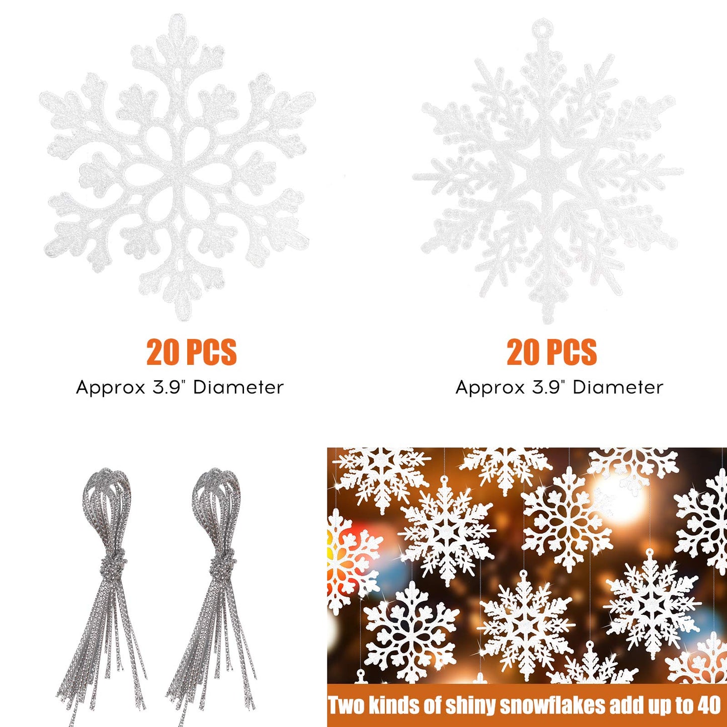 RECUTMS Winter Christmas Hanging Snowflake Decorations - 40Pcs White Snowflakes Hanging Garland for Christmas Winter Wonderland Holiday New Year Party Home Decoration,4 Inches,2 Pattern (White)