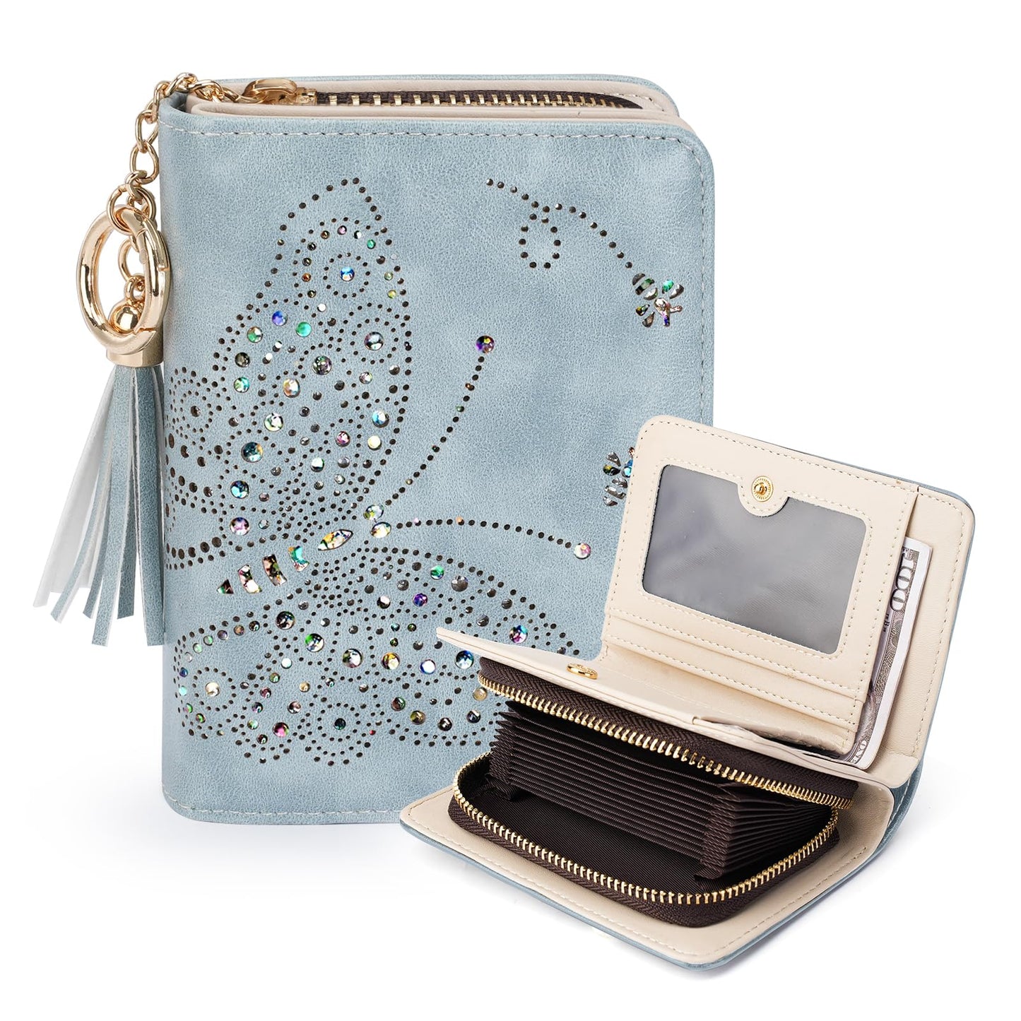 KITEVIUN Women RFID Blocking Small Bifold Wallet, Compact Cash Clutch with Zipper Coin Pocket, Glittery Butterfly Design, Credit Card Holder, Travel Purse with Tassel BLUE