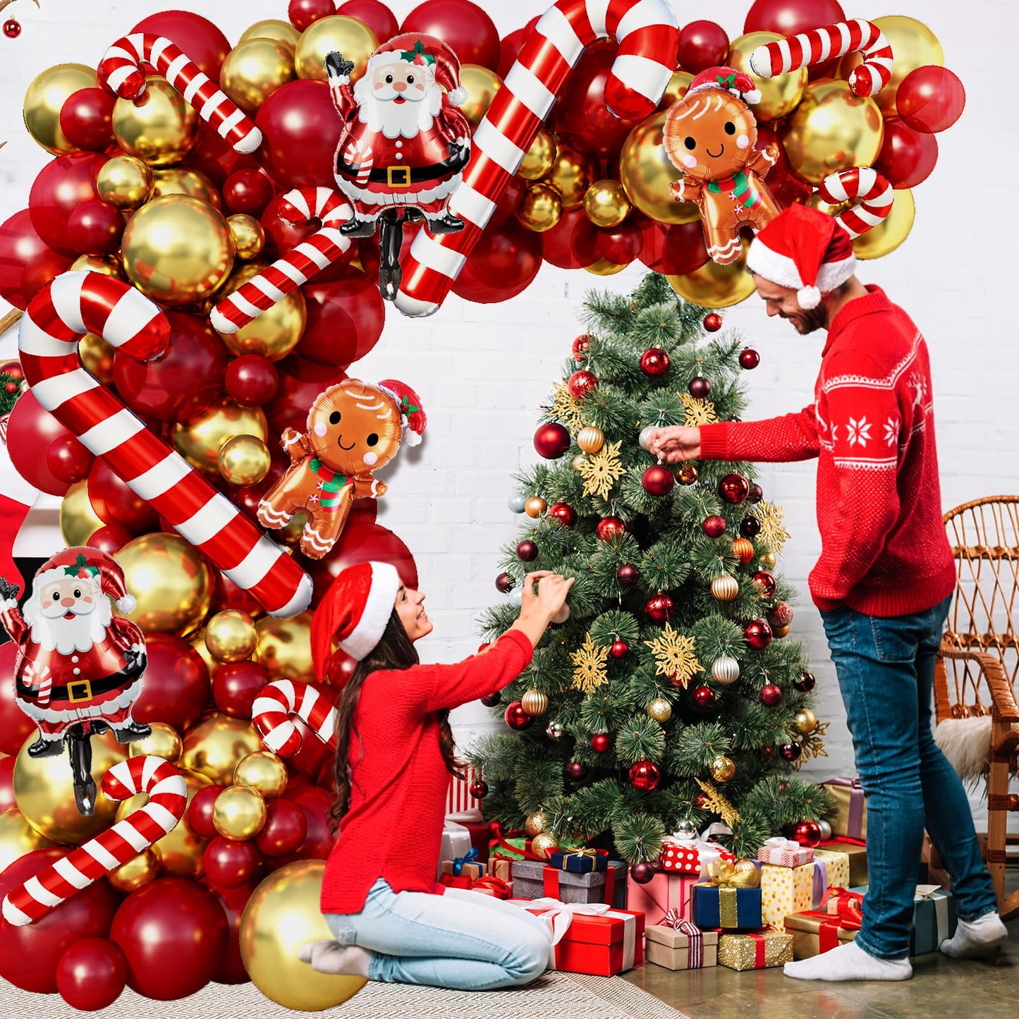 Christmas Balloon Arch Garland Kit, 114Pcs Retro Red Metallic Gold Latex Balloons with Large Cane Gingerbread Man Santa Claus Xmas Foil Balloons for Birthday Merry Christmas Party New Year Decorations