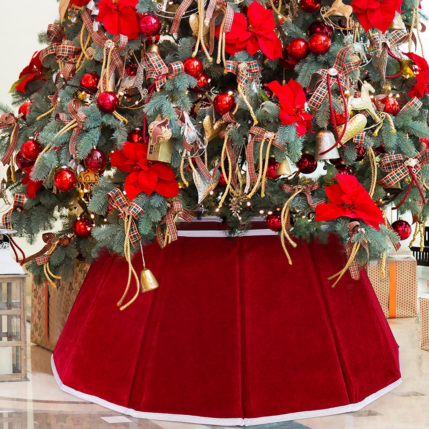 Hxezoc Christmas Tree Collar Red Velvet Folable Christmas Tree Ring Tree Skirt for Artificial Trees Base Stand Cover Christmas Tree Decoration