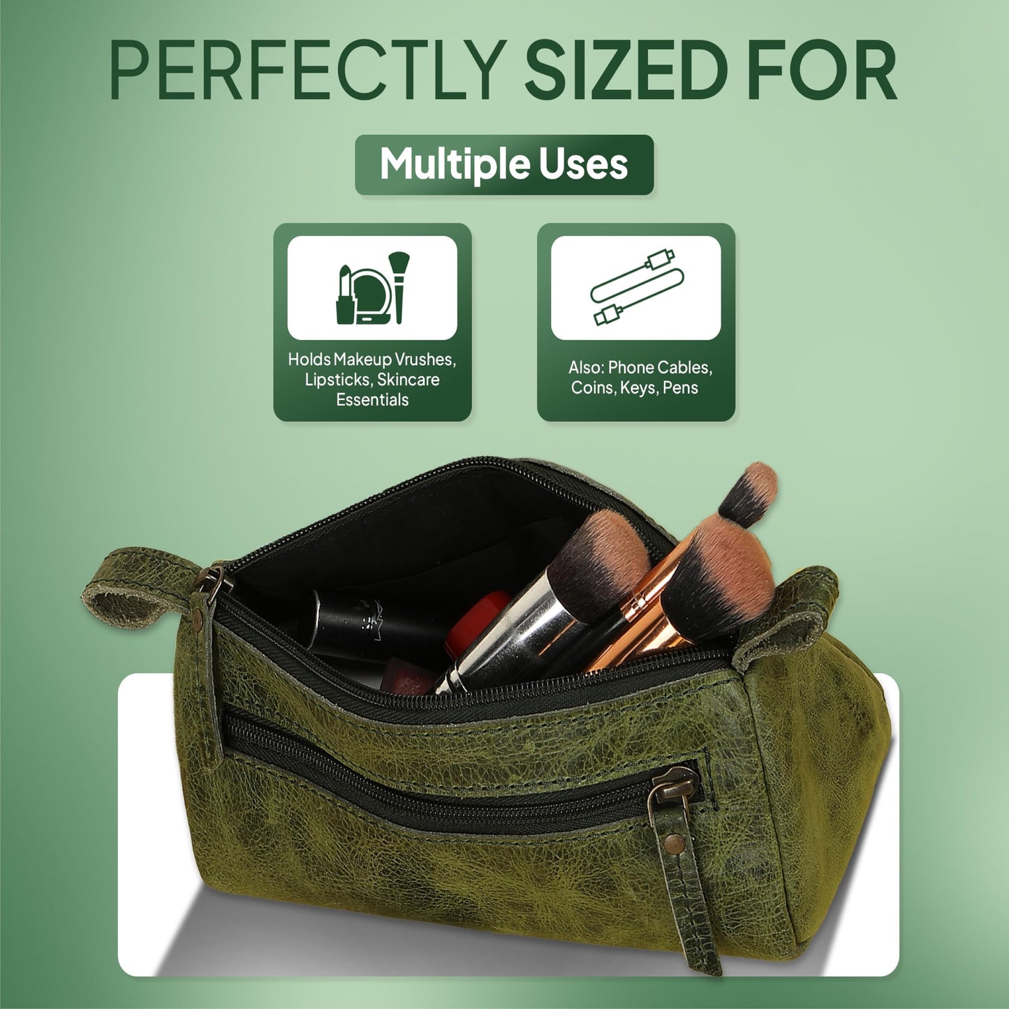 TheAntiq Leather Makeup Bag for Women – Genuine Leather Cosmetic Bag Travel, Handmade Zippered Makeup Pouch, Small Toiletry Bag, Shaving Kit & Stationery Organizer- Forest Green