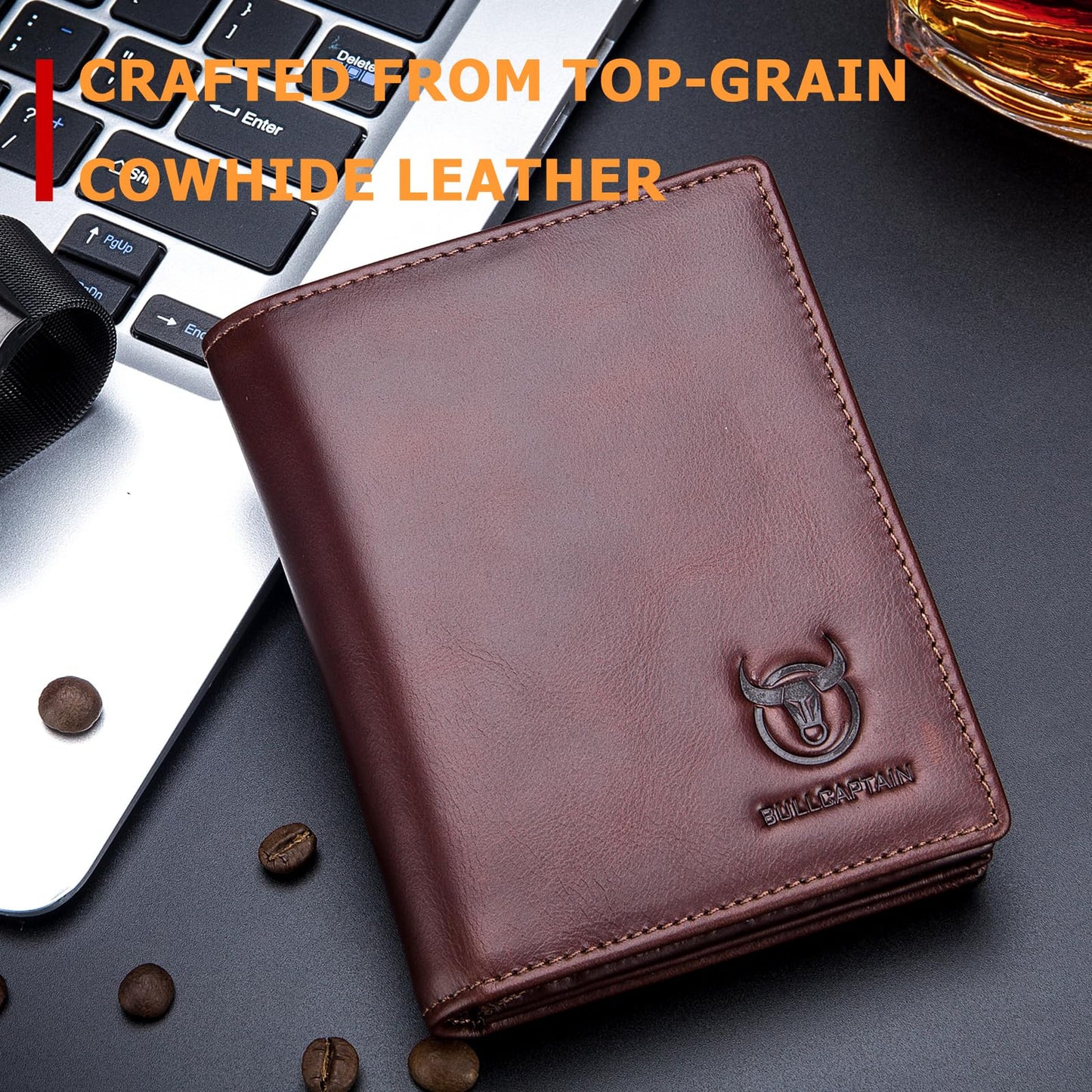 BULLCAPTAIN Large Capacity Genuine Leather Bifold Wallet/Credit Card Holder for Men with 15 Card Slots QB-027 (Brown)