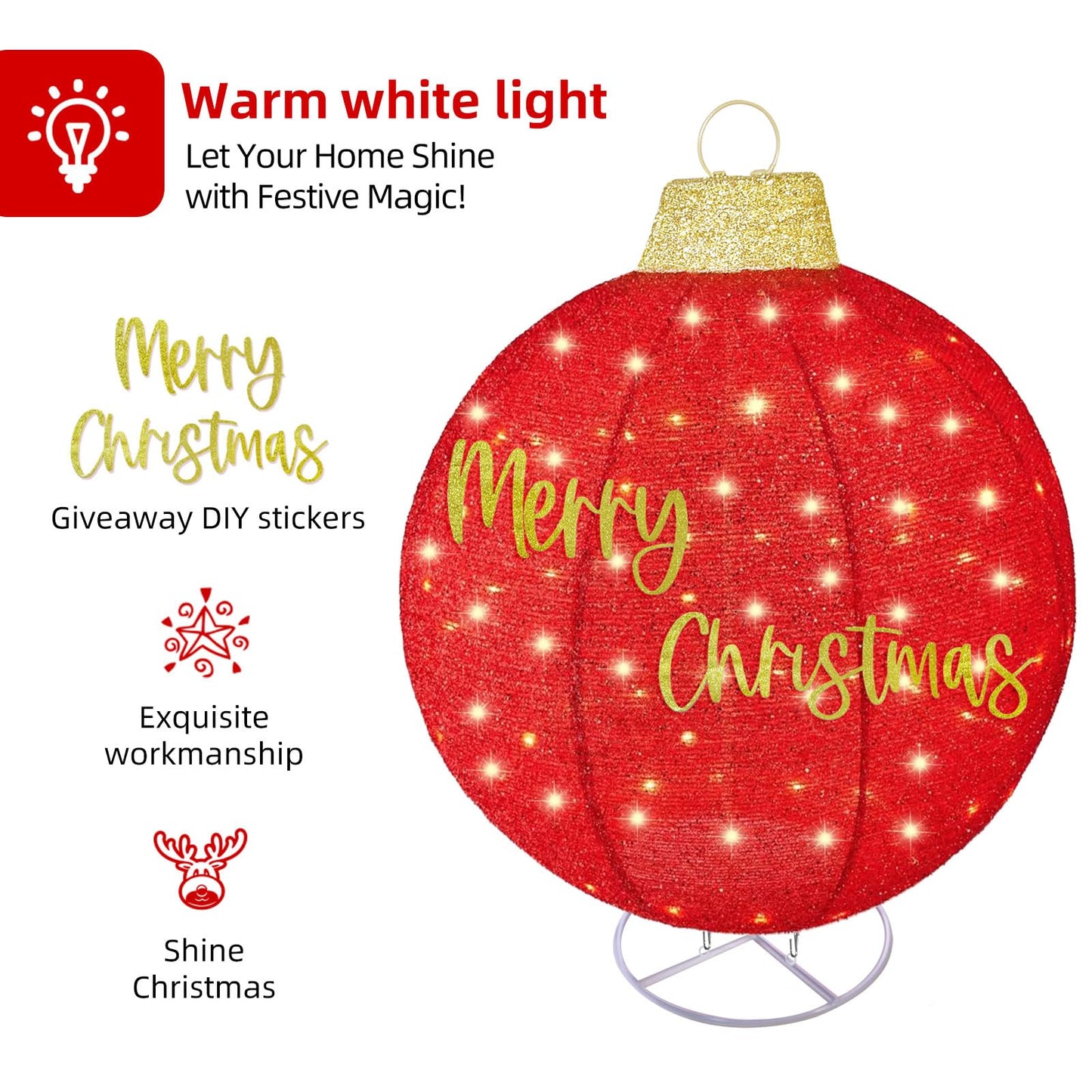 HOYECHI 3pc Lighted Pop-Up Outdoor Christmas Ornament Set – Holiday Ball Decorations with 290 LED Lights, 8 Lighting Modes, for Yard & Outdoor Christmas Decor - Red/Green/Gold