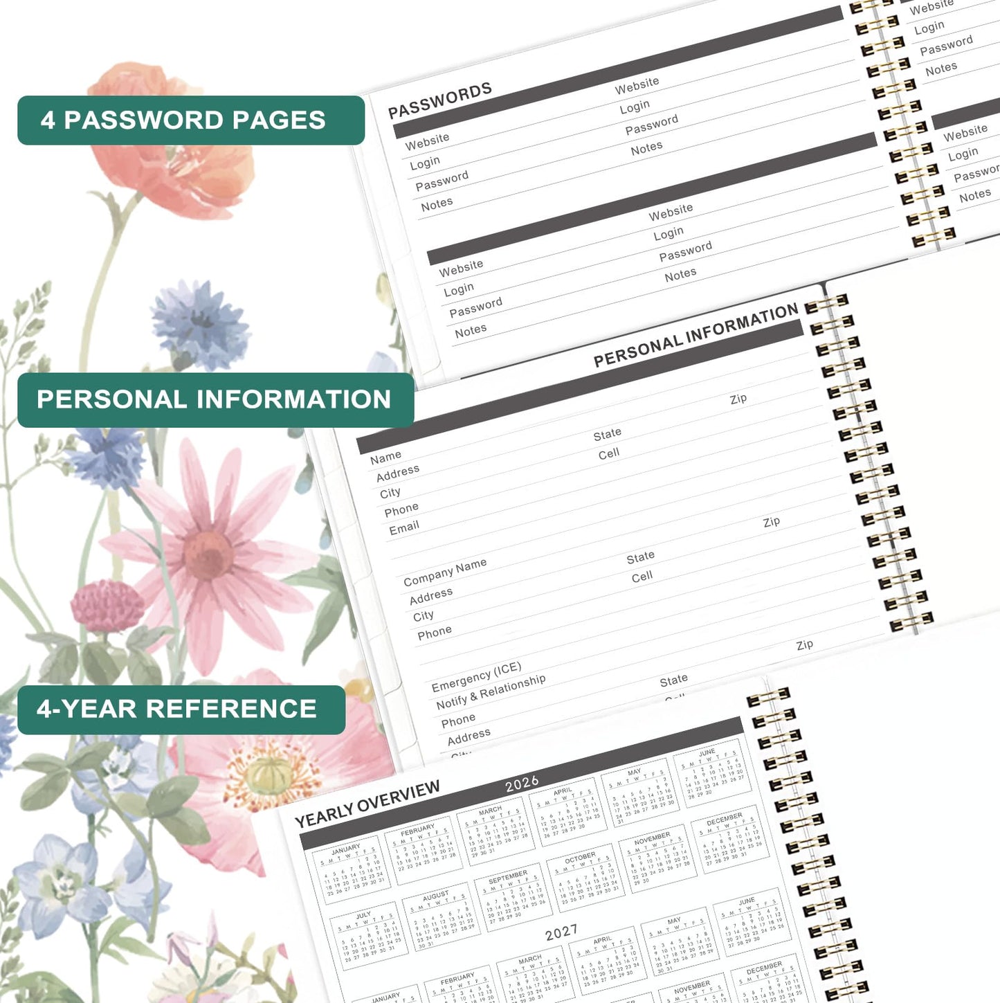 2026-2029 Monthly Planner - 3 year planner 2026-2029, Jul. 2026 - Jun. 2029, 3 Year Calendar 2026-2027-2028 monthly planner, 9" x 11", 36 Month Calendar with Colourful Tabs + Back Pocket - Flowers