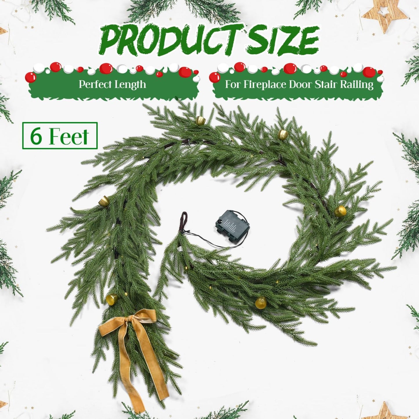 YoleShy 6FT Real Touch Norfolk Pine Garland Christmas Garland with Bell Battery Operated Prelit Garlands Christmas Decorations for Mantle Fireplace Xmas Garland Home Decor
