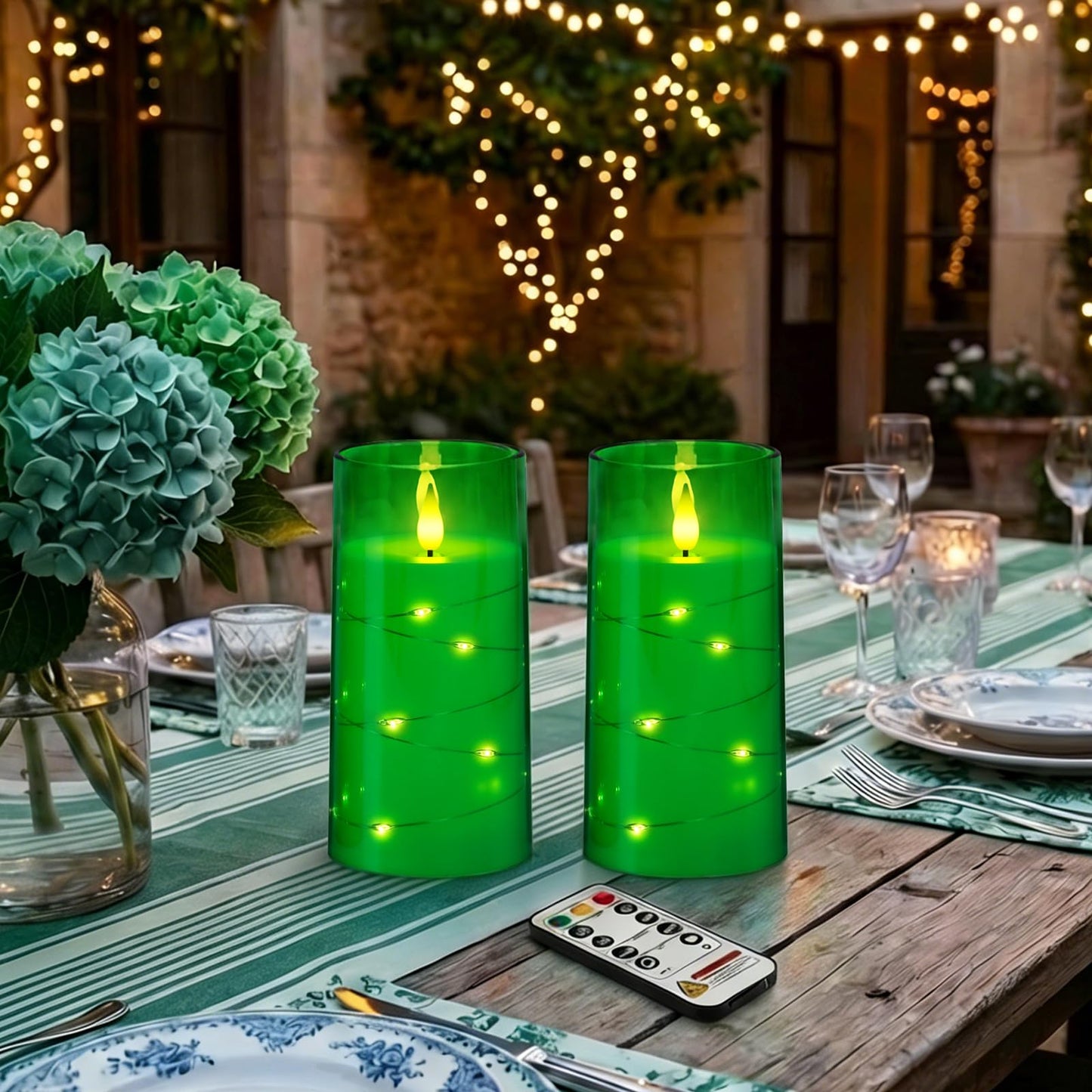 Homemory St. Patrick's Day Flameless Candles with Embedded Star String Fairy Lights, Green Battery Operated Candles, LED Candle, Fake Candles with Remote Control and Timer, Set of 2(H 6" 6")