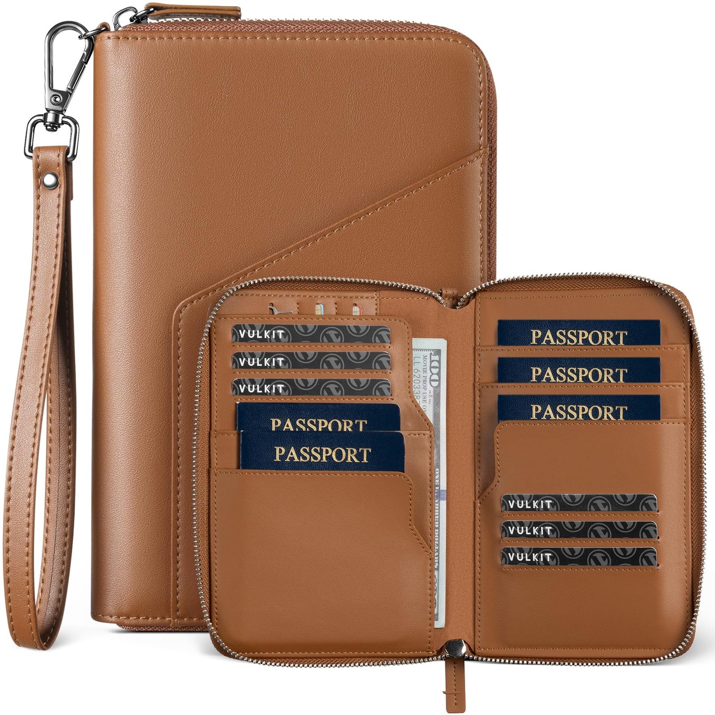 VULKIT Leather Passport Holder Family Travel Document Organizer with RFID Blocking Travel Wallet Slim Dual Slots SIM Card and Multiple Card Holders for Men and Women (Brown)
