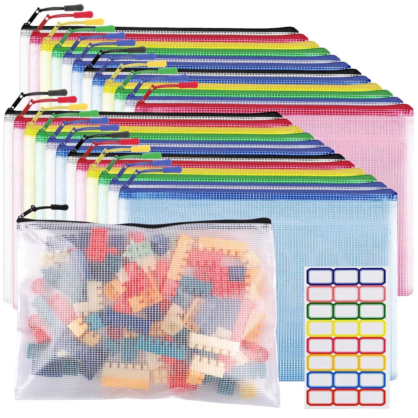 24pcs Mesh Zipper Pouch Bags A4 Zipper Bags for Classroom Organization, Waterproof Document Zipper Pouches for Cosmetics, Travel Storage File Bags for Office Supplie