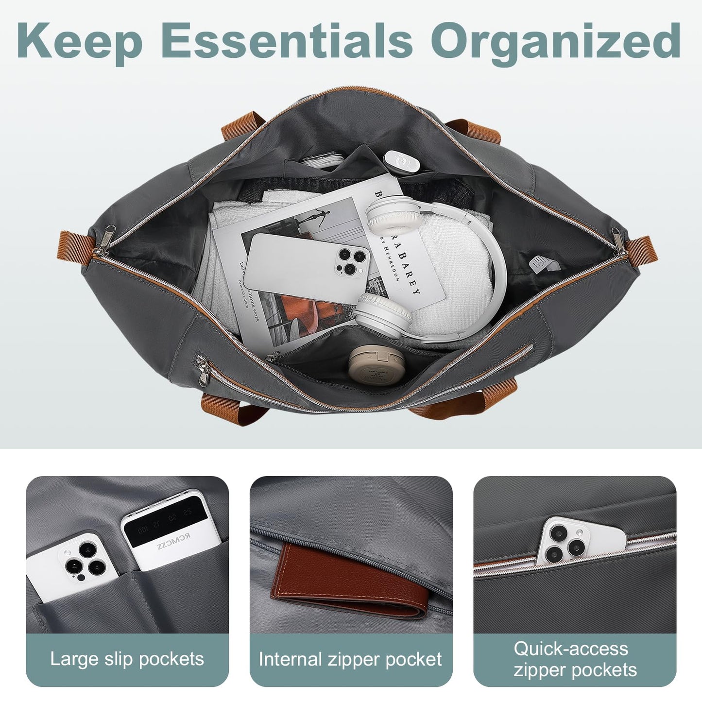 Kono Travel Duffel Bag, Gym Bag for Women with Wet Pocket, Travel Weekender Overnight Carry on Bag with Detachable Shoulder Strap Grey/Brown