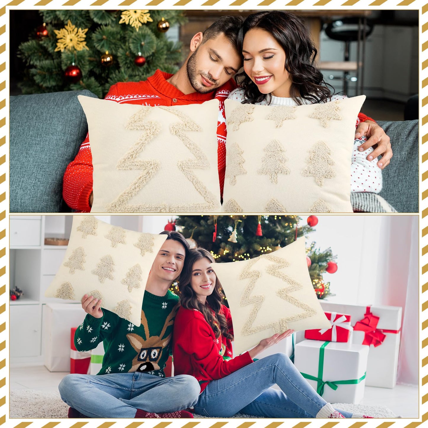 Beeveer 2 Pcs Beige Christmas Pillow Covers 18 x 18 Inch Decorative Boho Farmhouse Pillowcase White Tufted Tree Christmas Pillow Cases for Couch Sofa Holiday Bedroom Living Room Home Present