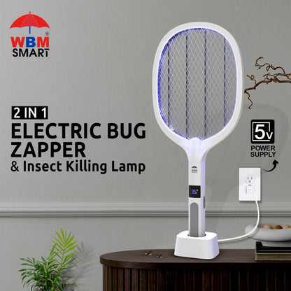 WBM SMART 2 in 1 Electric Bug Zapper, Mosquitoes Trap Lamp & Racket, USB Rechargeable Electric Fly Swatter for Home and Outdoor Powerful Grid 3-Layer Safety Mesh Safe to Touch