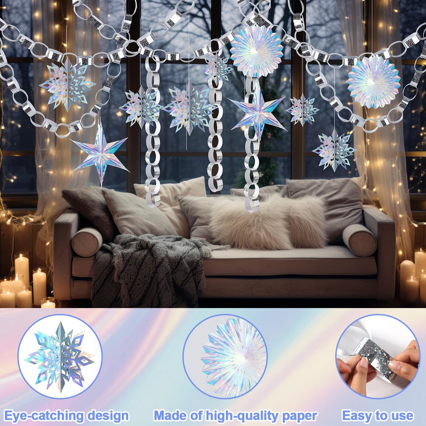 310Pcs Christmas Party Decorations Set Including 3D Iridescent Snowflakes Garland, Paper Chain Strips Craft, Hanging Paper Fans and Hexagonal Star Ornaments for Winter Wonderland Xmas Holiday Decor