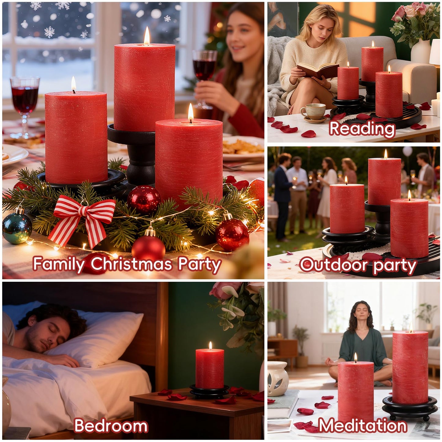 Red Rustic Pillar Candles 6 Pack, 2.8" x 4" Soy Wax Candles, Up to 55 Hours Burn Time, Smokeless Unscented Farmhouse Candles for Home Decor, Wedding & Emergency Use