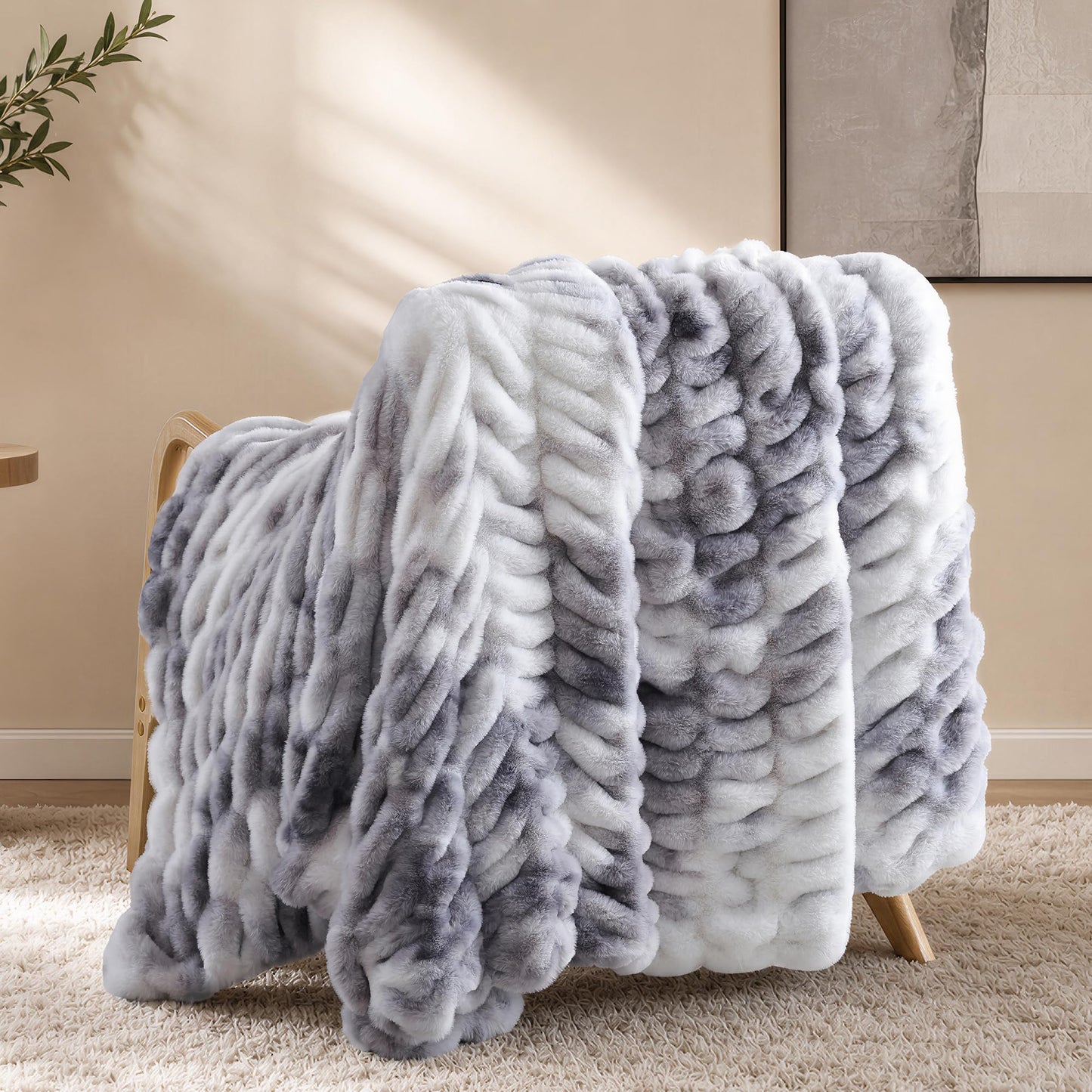 Smoofy Tie-dye Grey Throw Blanket for Couch – Luxury Faux Rabbit Fur Blanket, Ultra Soft Fluffy Plush Fuzzy, Lightweight Warm Cozy Blanket for Bed Sofa, Aesthetic Room Decor Gift for Women 60"x80"