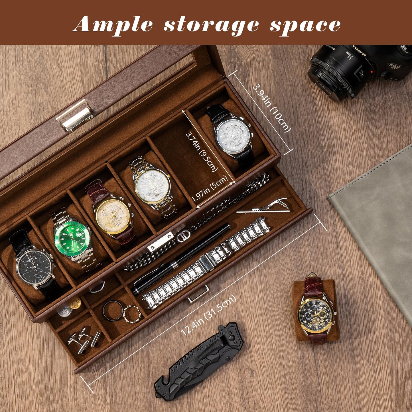 ProCase Watch Box, Fathers Day Gift for Dad, 6 Slot Watches Display Case with Drawer, Mens Watch Case with Glass Lid, 2-Layer Mens Jewelry Organizer Storage Holder -6 Slot, Espresso