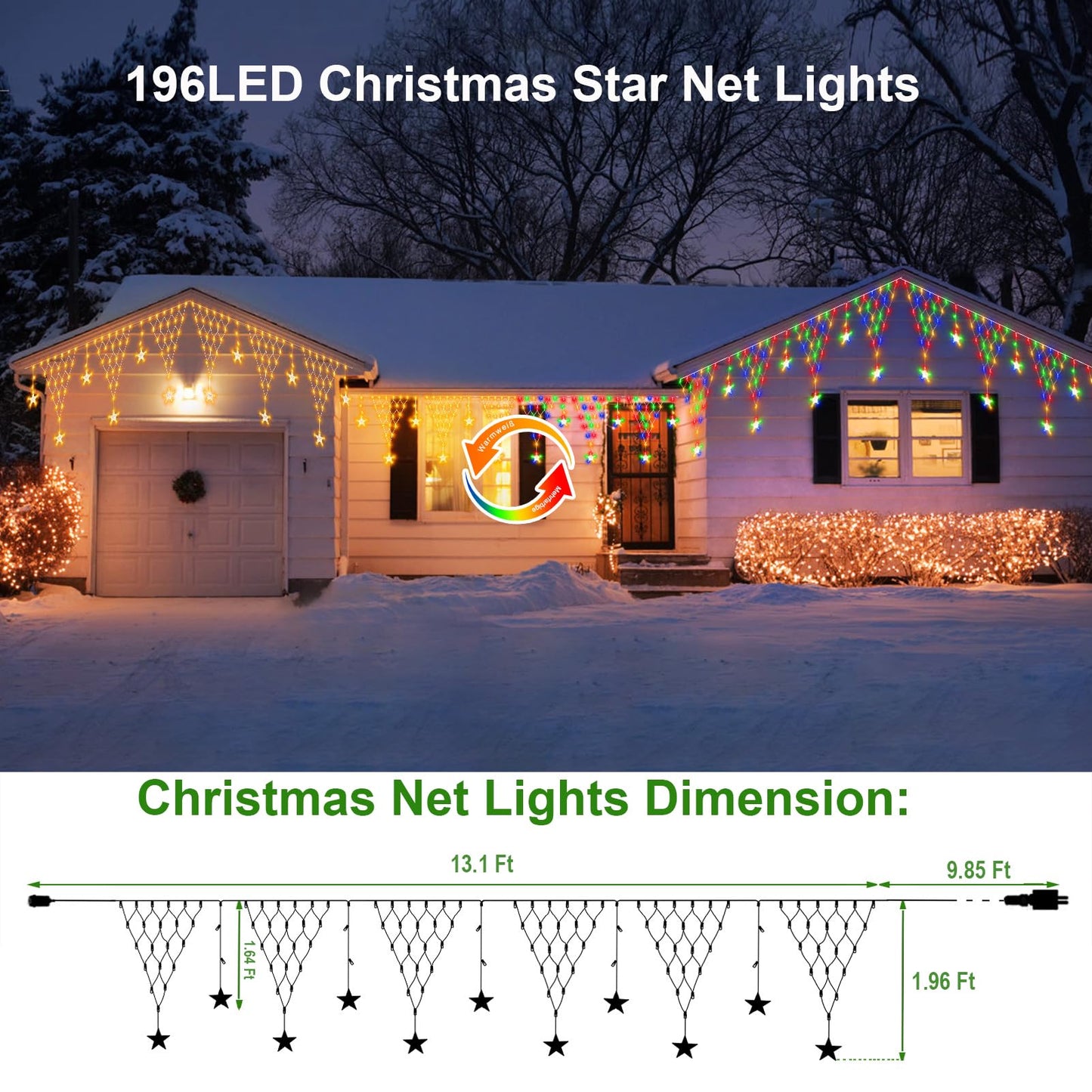 DBFAIRY Christmas Star Net Lights,196LED Connectable Dual Color Changing Fairy Net Lights, 13.1x1.9Ft Plug in Curtain Mesh Light Waterproof with Timer for Porch Fence Window (Warm White & Multicolor)