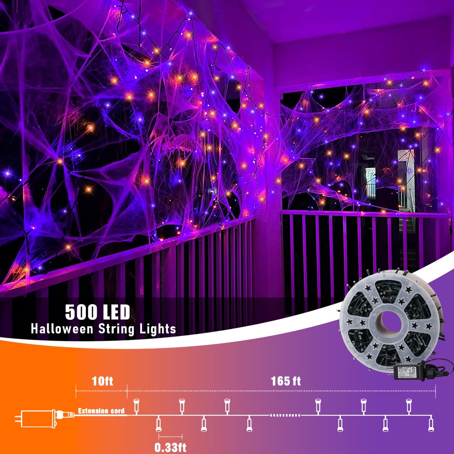 QITONG 165ft 500 LED Orange and Purple Halloween Lights Outdoor Waterproof, String Lights for Outside with 8 Modes, Green Wire Twinkle Lights Plug in Indoor