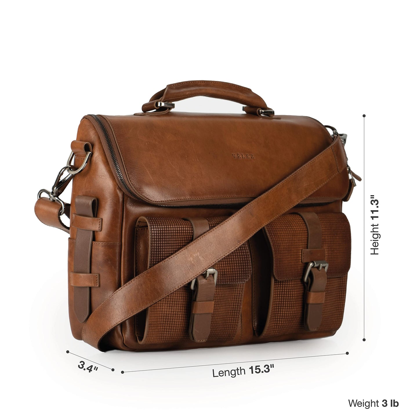 VELEZ Tan Full Grain Leather Messenger Bag for Men - 15" Laptop Briefcase - Mens Vintage Business Crossbody Computer Bags