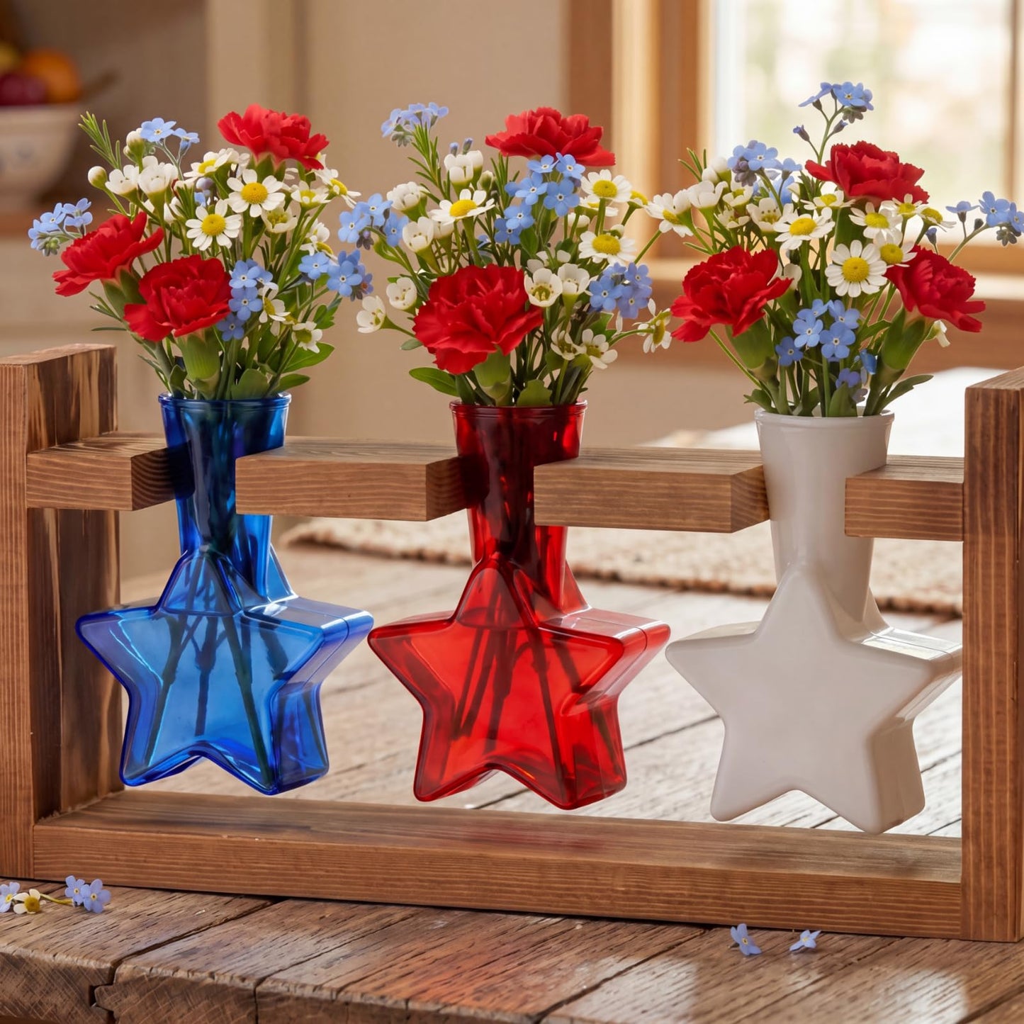 Remerry 4th of July Patriotic Star Plant Terrarium with Wooden Stand Red White Blue Glass Vase Gifts Independence Day Tabletop Centerpieces Propagation Station for Hydroponics Home Office Desk Decor