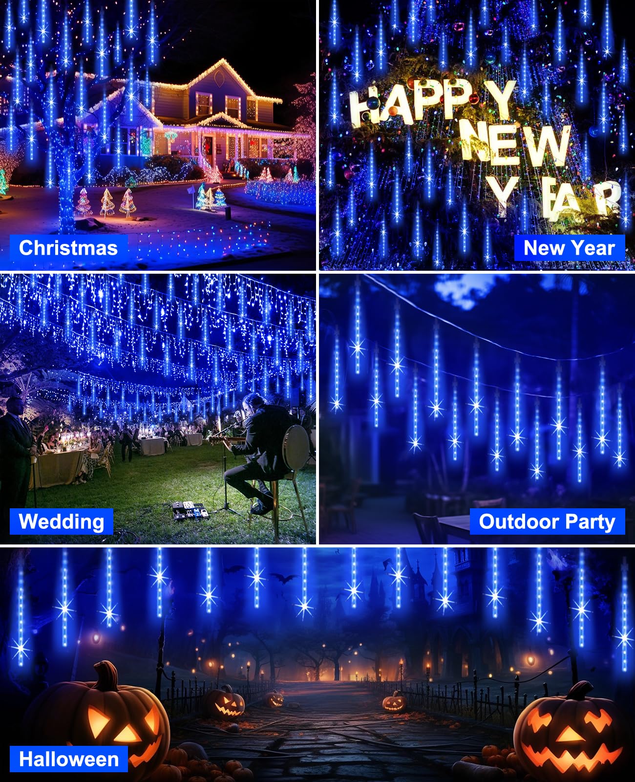 EAGWELL Christmas Lights Outdoor 16 Inch Meteor Shower Rain String Lighting, 20 Tube 960 LEDs Icicle Tree String Decor for Halloween Yard Party Patio Xmas Decoration,Blue