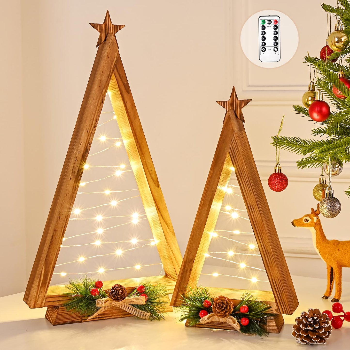 NatuBeau 2 Pcs Triangle Tabletop Wooden Christmas Tree with Lights, Modern Farmhouse Rustic Christmas Decor, Small Lighted Xmas Tree for Kitchen Mantle Shelf Living Room(14.2" Large / 11" Small)