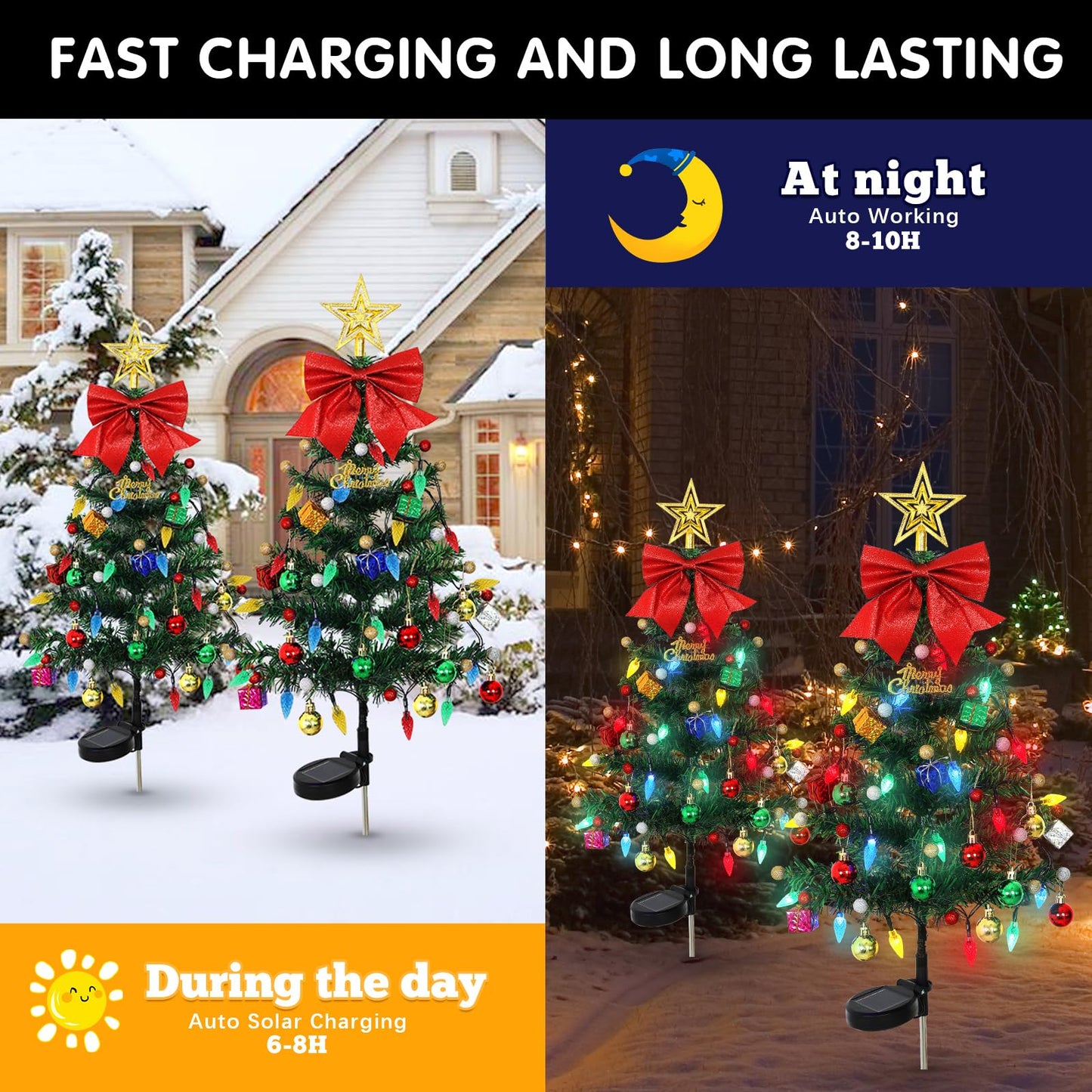 LOMOHOO 2 Packs Solar Christmas Tree 35.8in Outdoor Prelit Lighted Christmas Tree 2 Flashing Modes Solar Xmas Trees with 40 LED Lights for Holiday Porch Yard Garden Patio Cemetery Pathway