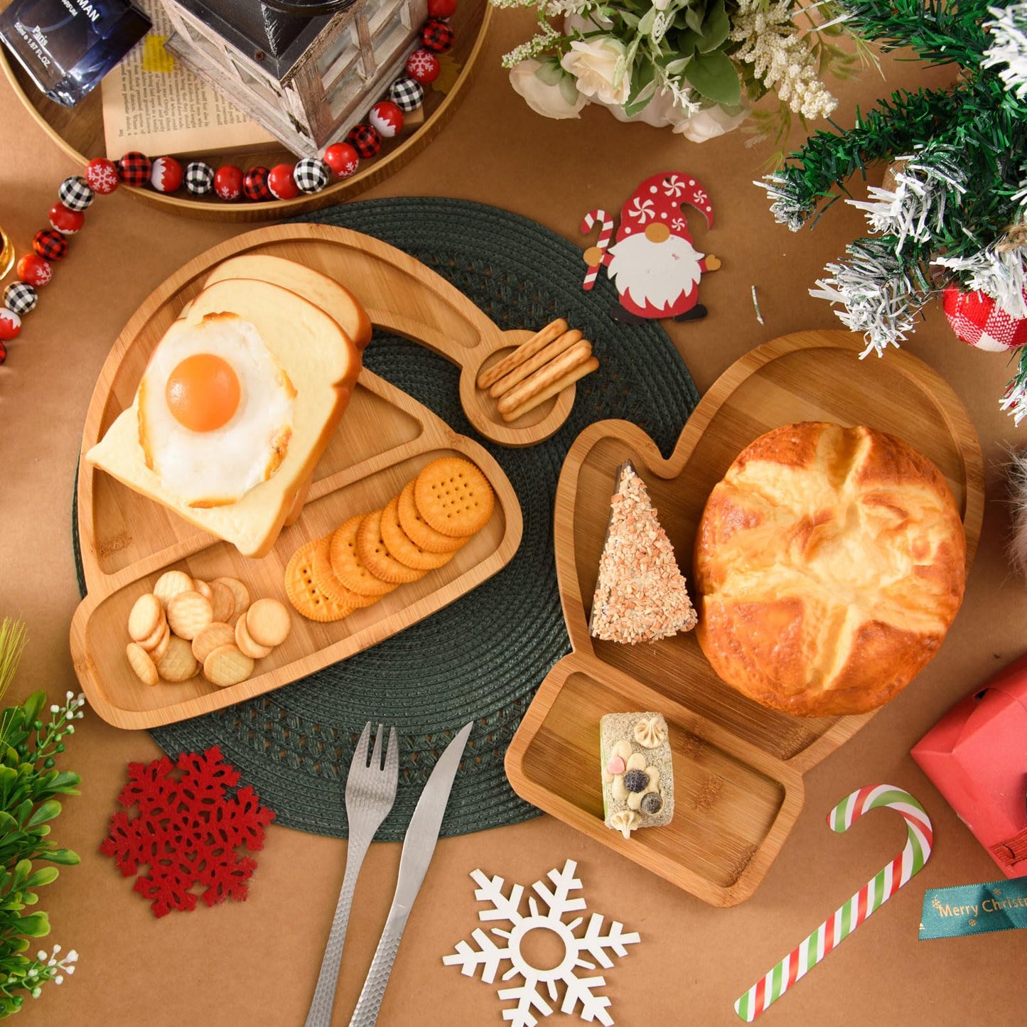 AWIZOM 2 Pcs Christmas Serving Platters Santa Hat and Mitten Shaped Wood Trays Winter Bamboo Charcuterie Boards Decorative Wood Snack Dish Plates for Xmas Holiday Housewarming Presents
