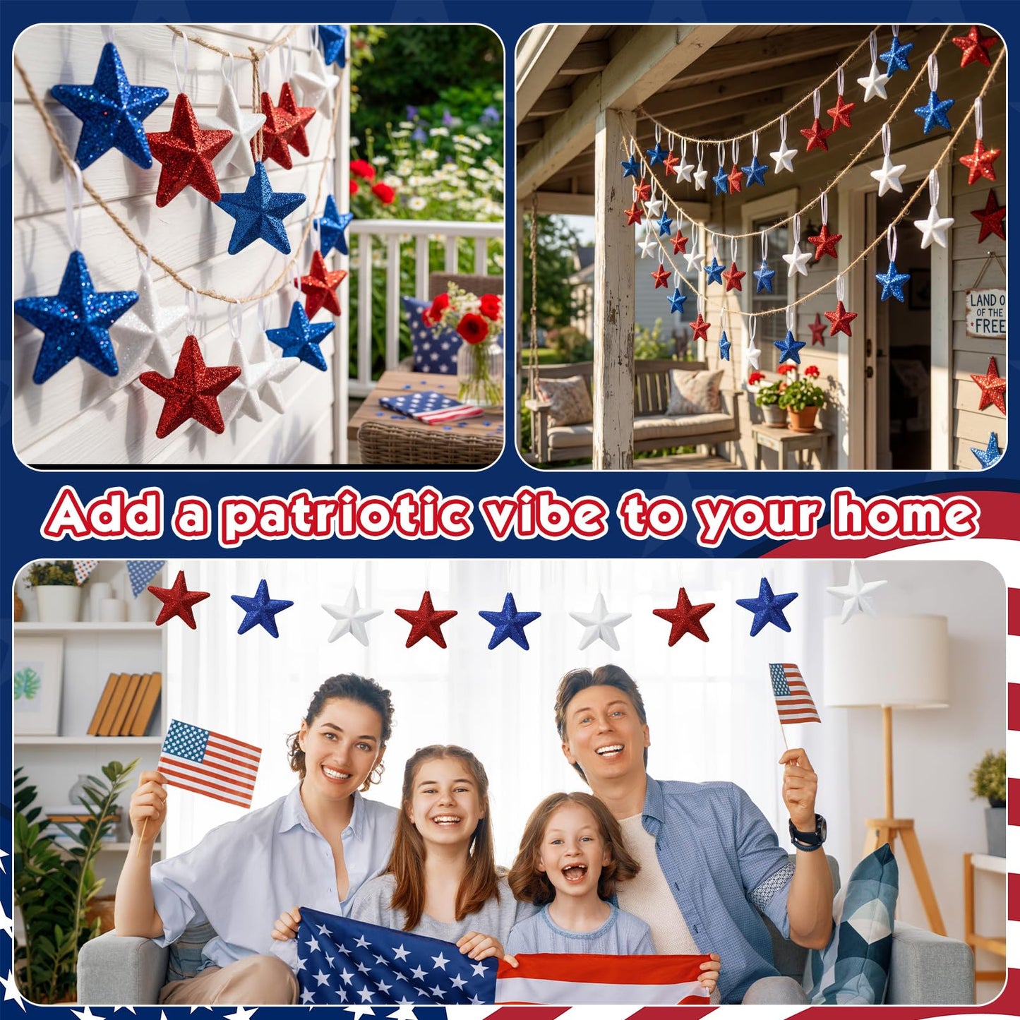 24 Pcs 4th of July Large Star Ornaments, 4.3 Inch Patriotic Hanging Glitter Star Red White Blue Tree Decor for Independence Day, 250th Anniversary, Memorial Day Home Party Decor