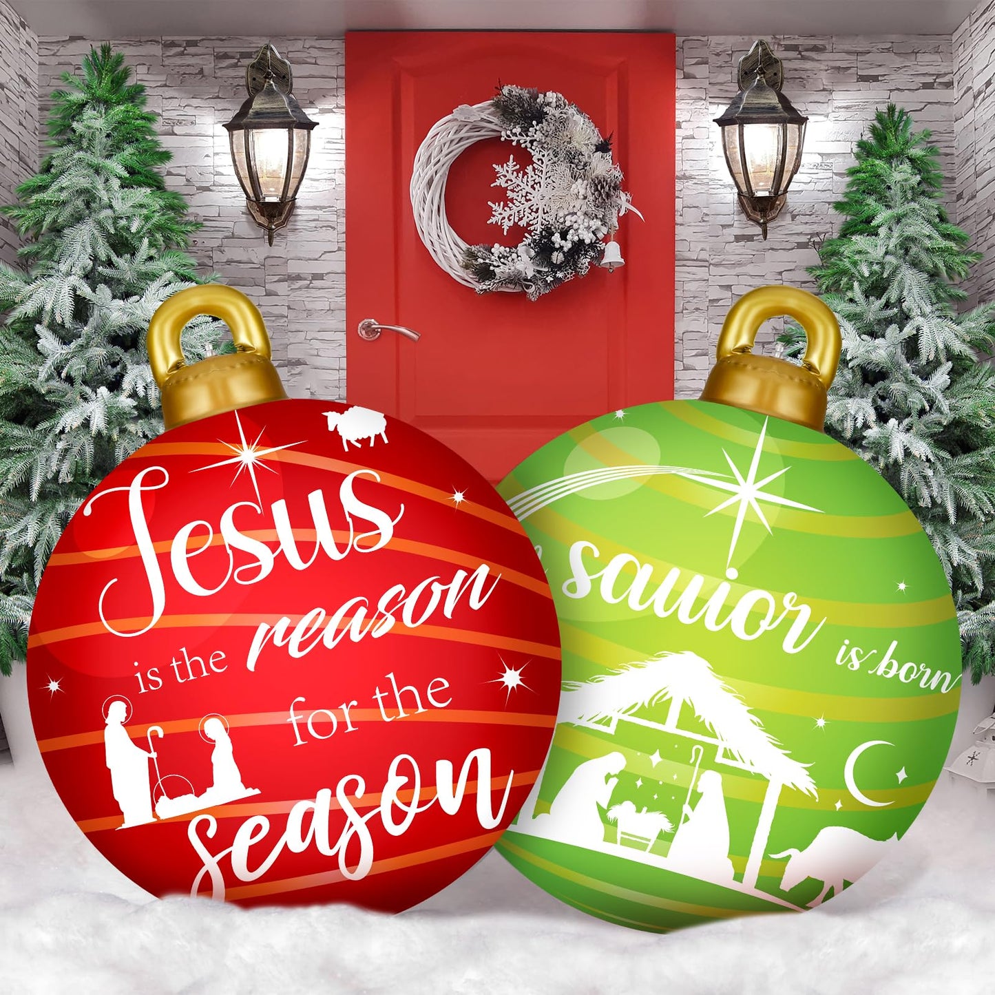 2 Pieces 32 Inch Giant PVC Inflatable Christmas Decorated Ball Ornaments Outdoor Large Xmas Blow Ball Decorations for Christmas Themed Party Ornaments(Cute,Green Red)