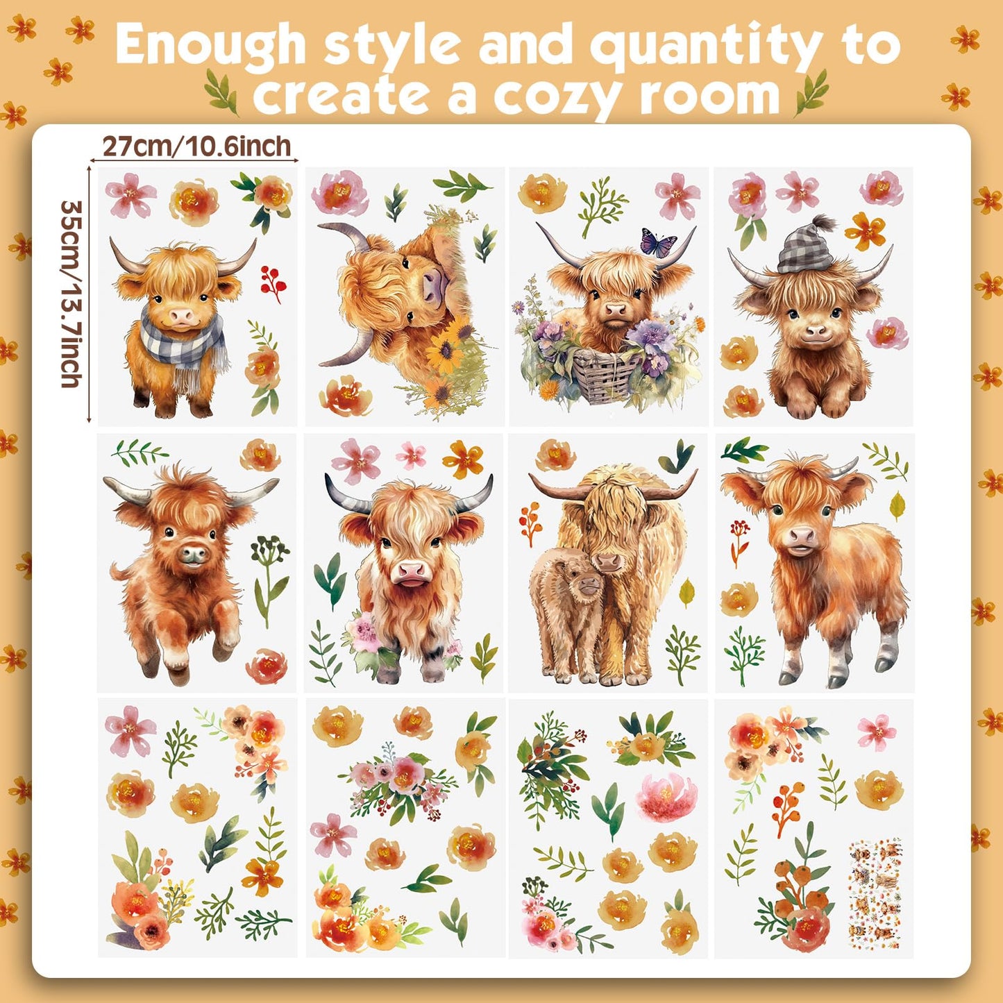 Yinder 12 Sheet 78 Pcs Highland Cow Wall Decals Baby Wall Stickers Cute Highland Cow Sticker for Kids Baby Room Bedroom Bathroom Classroom Living Room Nursery Decor