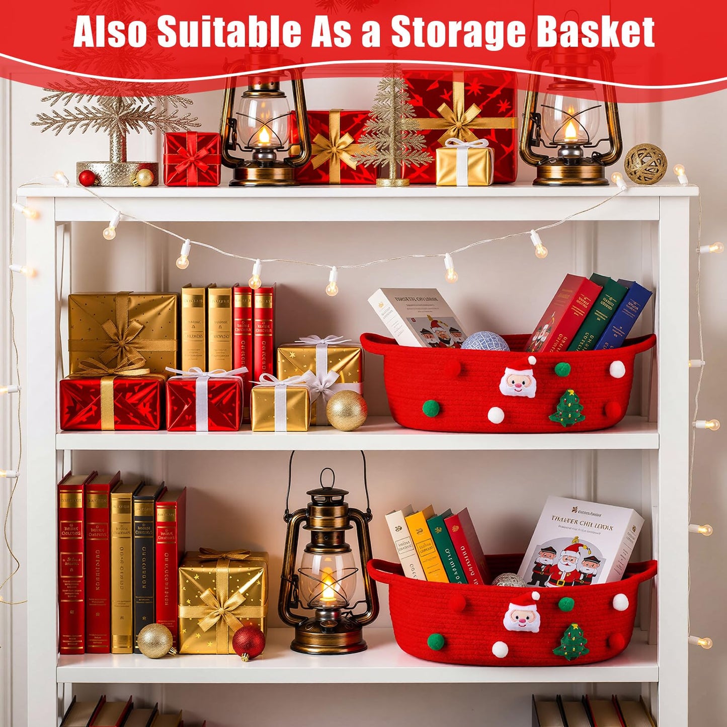 FoldTier 3 Pack Christmas Gift Basket Empty 15 x 9.9 x 5.1 Inch Santa Red Christmas Storage Bin with Handles, Woven Cotton Rope Basket for Gifts Holiday Treats Party Supplies, Home Xmas Decorations