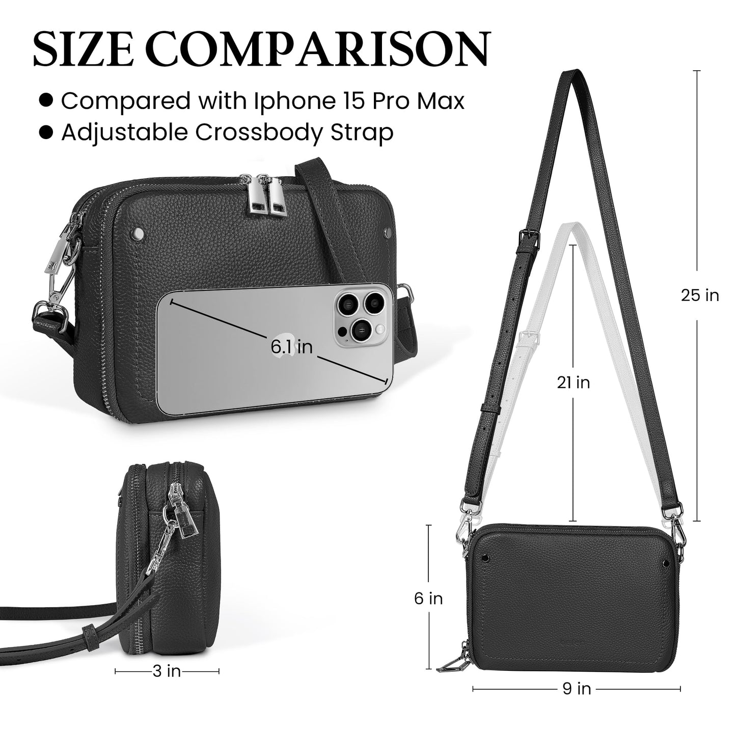 befen Genuine Leather Crossbody Bags for Women, Purses with Built in RFID Wallet Woman Camera Shoulder Bag Handbags Anti Theft Black Cross Over body Purses with Adjustable Strap
