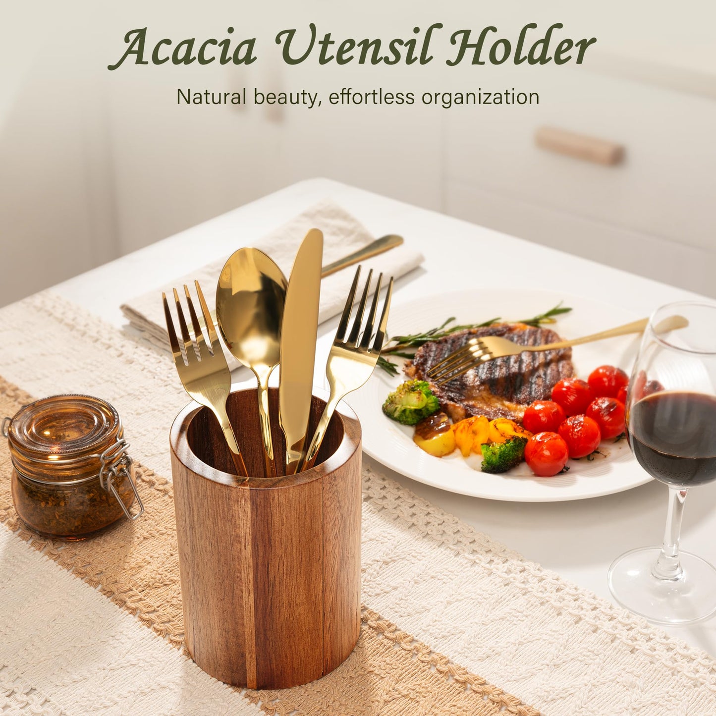 Criusia Utensil Holder 3 Pack, 360° Rotating Acacia Wood Cooking Utensil Crocks for Kitchen Counter, Farmhouse & Modern Decor, (1 Large, 1Medium, 1 Small)