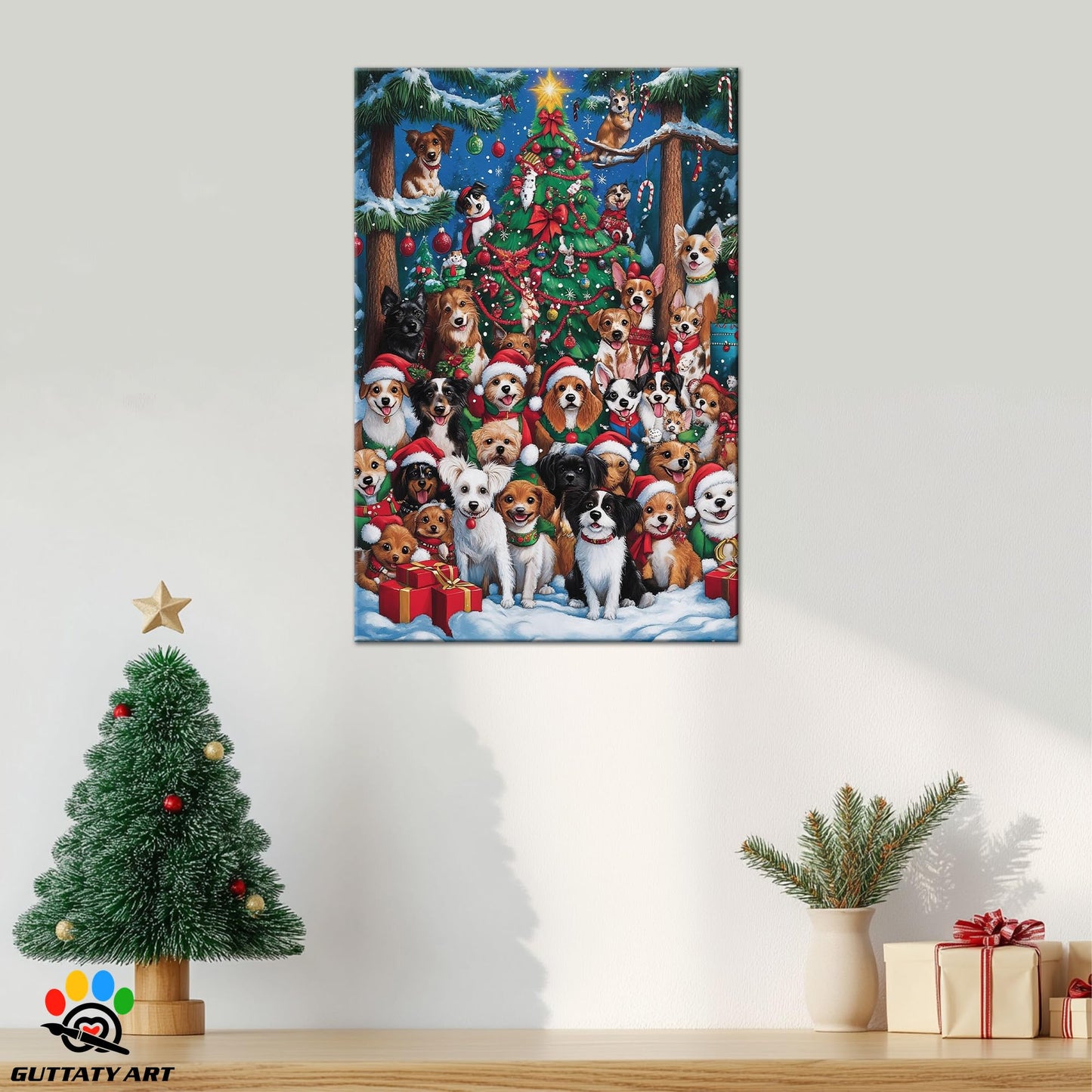 GUTTATY Christmas Canvas Wall Art, Cute Dog Christmas Canvas Wall Decor, Cartoon Christmas Tree Pictures Framed, Winter Scene Canvas Art, Christmas Theme Wall Art Decor for Living Room 18x24 Inch