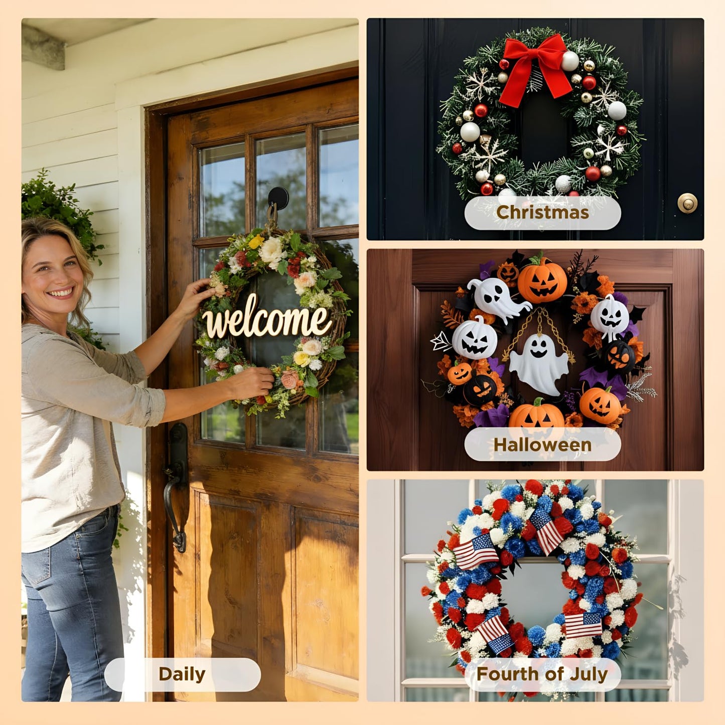 OUTXE Adhesive Wreath Hanger, Heavy Duty Reef Hook | for Front Door Glass Window | for Christmas/Thanksgiving/Halloween/July 4th/Easter/Valentine/Fall/Summer/Spring (Black, 2-Pack)