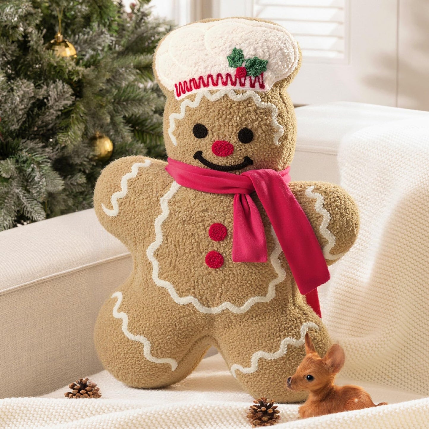 Phantoscope Gingerbread Merry Christmas Throw Pillow, Plush Teddy Xmas Gingerbread Shaped Pillows with Chef Hat & Scarf, Christmas Decorative Pillow for Couch Living Room Bed, Beige, 20 x 13.5 inches
