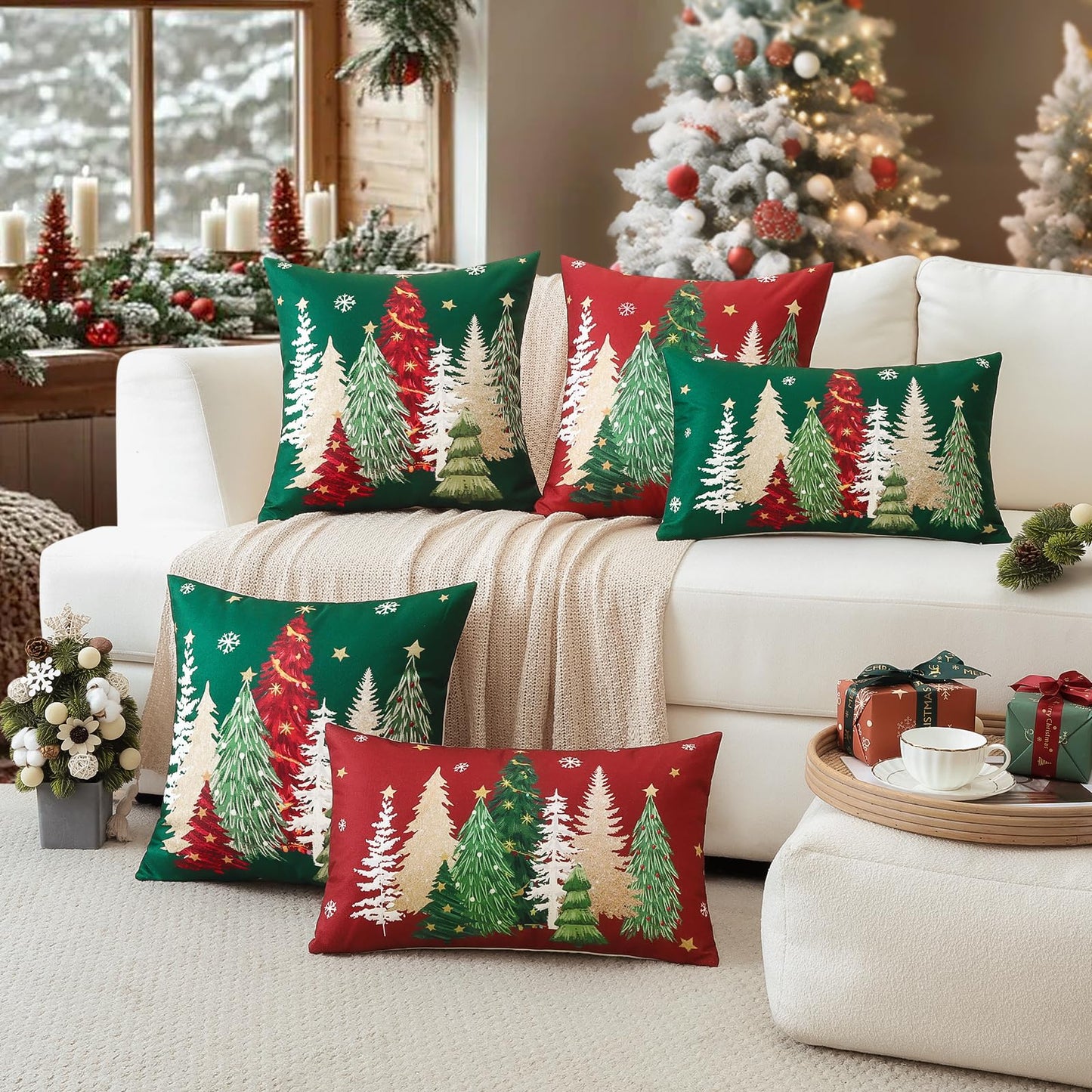 Artscope Christmas Tree Throw Pillow Covers 18x18 Inch Set of 2, Winter Hoilday Christmas Decoration Pillow Cases for Home Decor-Red