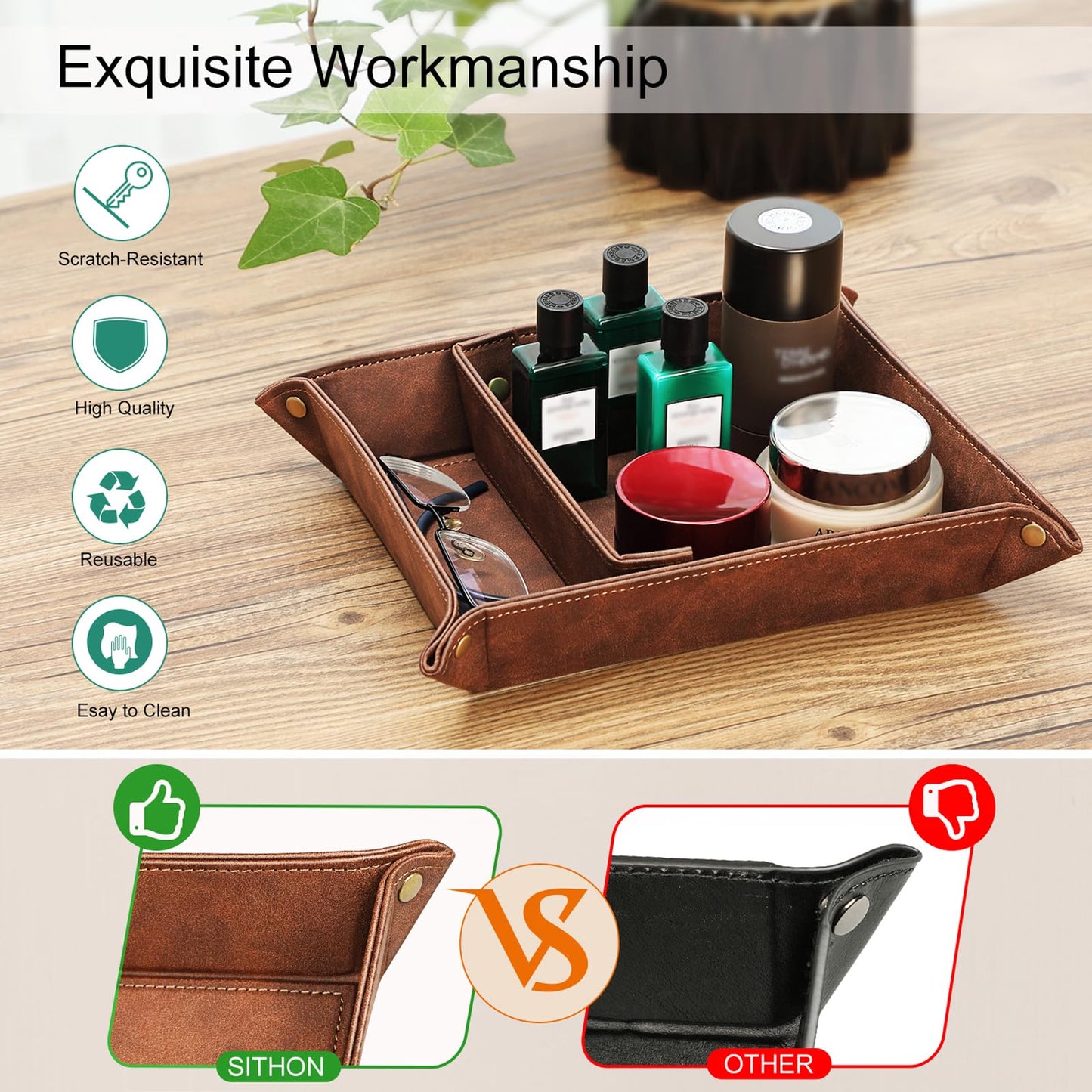SITHON Valet Tray Desktop Storage Organizer, Removable 2 Compartments Catchall Tray Bedside Vanity Nightstand Caddy Holder Desk Storage Plate, Valentine's Day Gift, Brown