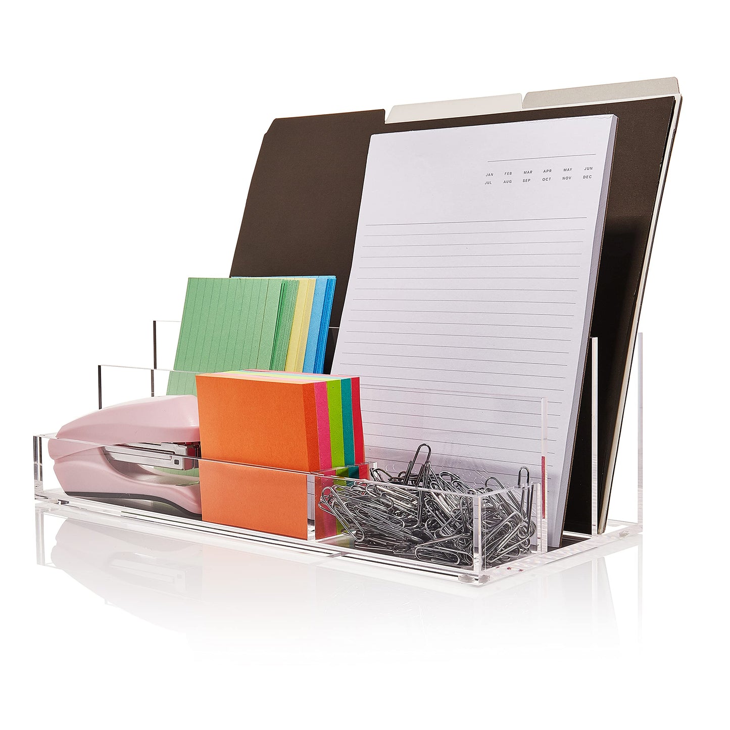 Acrylic Desk Organizer for Office Supplies and Desk Accessories, 12.5” x 5.5” x 4” and 5mm Acrylic Valet to Organize Documents, Files, Mail, Paper Clips, Sticky Notes, Tablet, Other Storage (Clear)