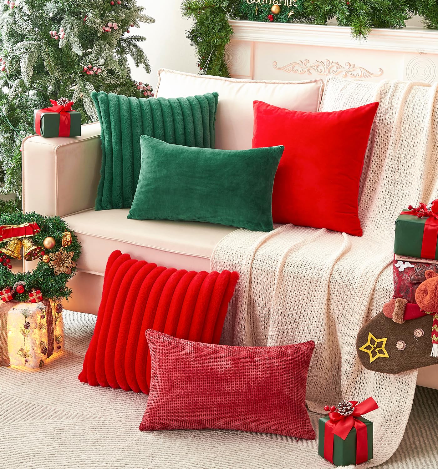GriNeed Pack of 2 Christmas Red Pillow Covers 18x18 Inch Decorative Faux Fur Throw Pillow Cover, Soft Lumbar Plush Pillowcases for Couch Sofa Bed Living Room, Fluffy Cute Home Boho Accent Decor