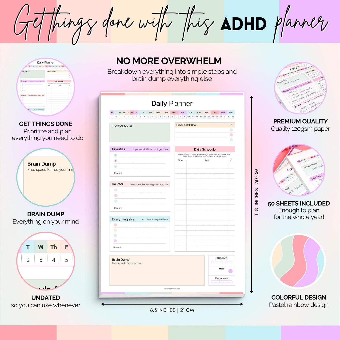 ADHD Daily Planner Notepad for Neurodivergent Adults - Productivity Daily Planner Desk Pad & Task Management to Stay Organized and Focused Note Pad (Rainbow, A4 Portrait)