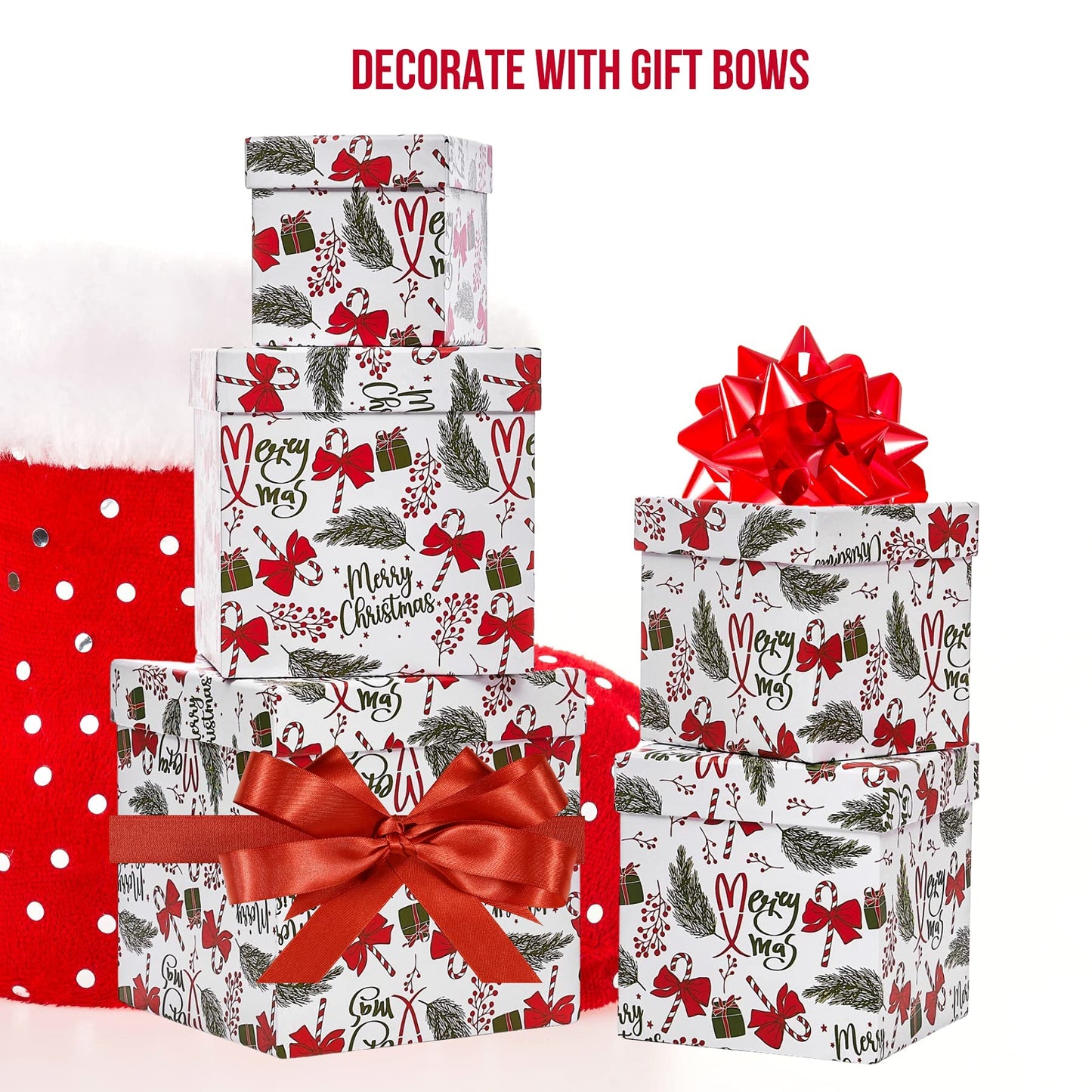 UNIQOOO 5PCS Christmas Nesting Gift Boxes with Lid, Nested Box Set, 5 Sizes, Square Stackable, Red White Green, Xmas Berry Candy Cane Paper Box Tower Décor, Holiday Thanksgiving New Year Packaging