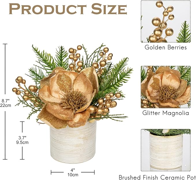 DILATATA 10 inch Gold Christmas Table Centerpiece with 5" Glitter Magnolia Flower Berries Fir Greenery Artificial Floral Centerpiece in Silver Ceramic Pot for Christmas Tabletop Arrangement